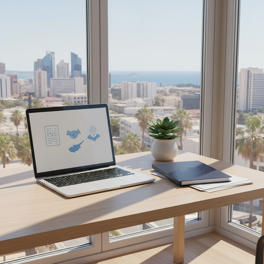 A modern Cypriot office corner rendered in clean digital art, with a simple wooden desk facing a large window overlooking a stylized skyline of Nicosia or Limassol. On the desk sit a slim laptop showing generic job search icons, a closed folder labeled only with a subtle briefcase symbol, and a tidy stack of CV-like pages. A small pot with a Mediterranean-style plant adds a touch of green. Bright but diffused midday light streams through the window, creating gentle reflections on the laptop and soft shadows on the desk. Shot from a slightly elevated angle with sharp focus and a minimalist, professional aesthetic, the atmosphere feels optimistic and structured, capturing the process of finding work as an expat in Cyprus.